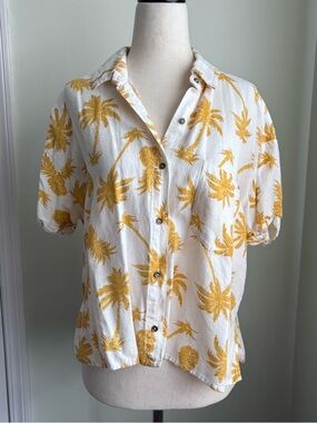 Billabong Yellow Palm Print Button-Up Shirt size M linen blend